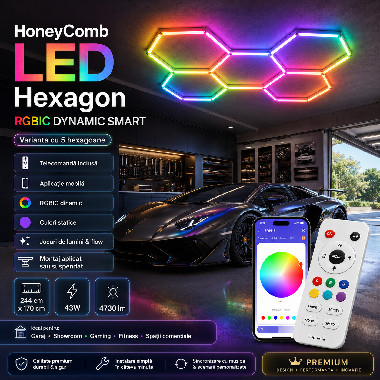 HoneyComb LED Hexagon RGB Digital SMART Telecomanda 244cm X 170cm