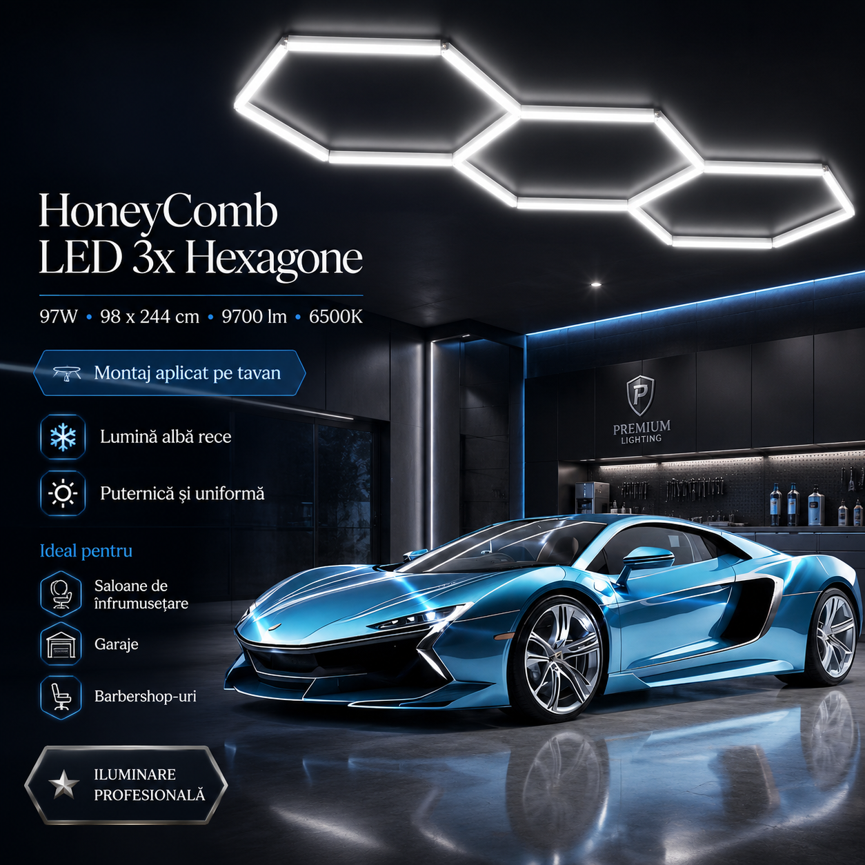 HoneyComb LED 3x Hexagone 97W, 98x244cm, 9700lm, 6500K