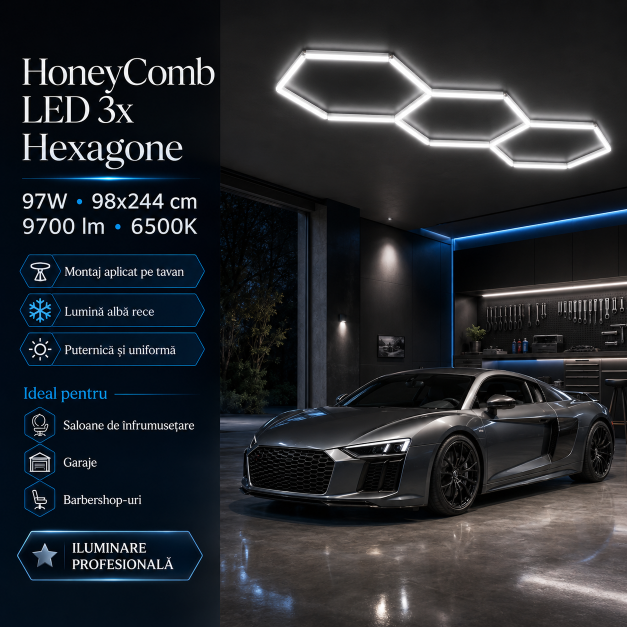 HoneyComb LED 3x Hexagone 97W, 98x244cm, 9700lm, 6500K