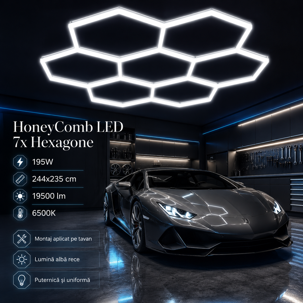 HoneyComb LED 7x Hexagone 195W, 244x235cm, 19500lm, 6500K