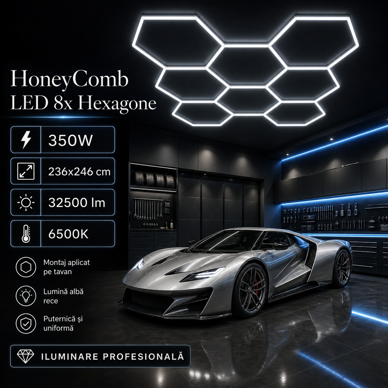 HoneyComb LED 8x Hexagone 350W, 236x246cm, 32500lm, 6500K