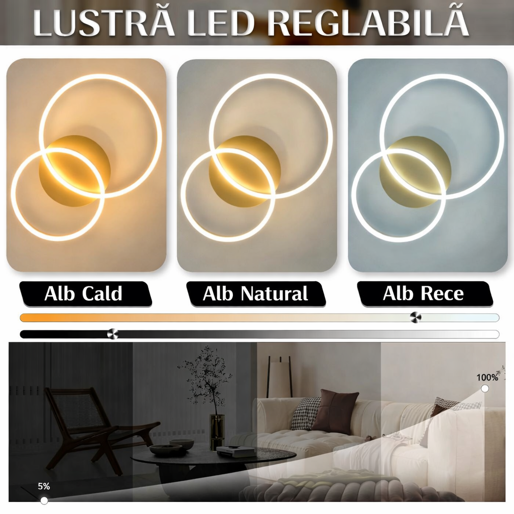 Lustra LED Beauty Gold Double Circle Echivalent 300W Telecomanda