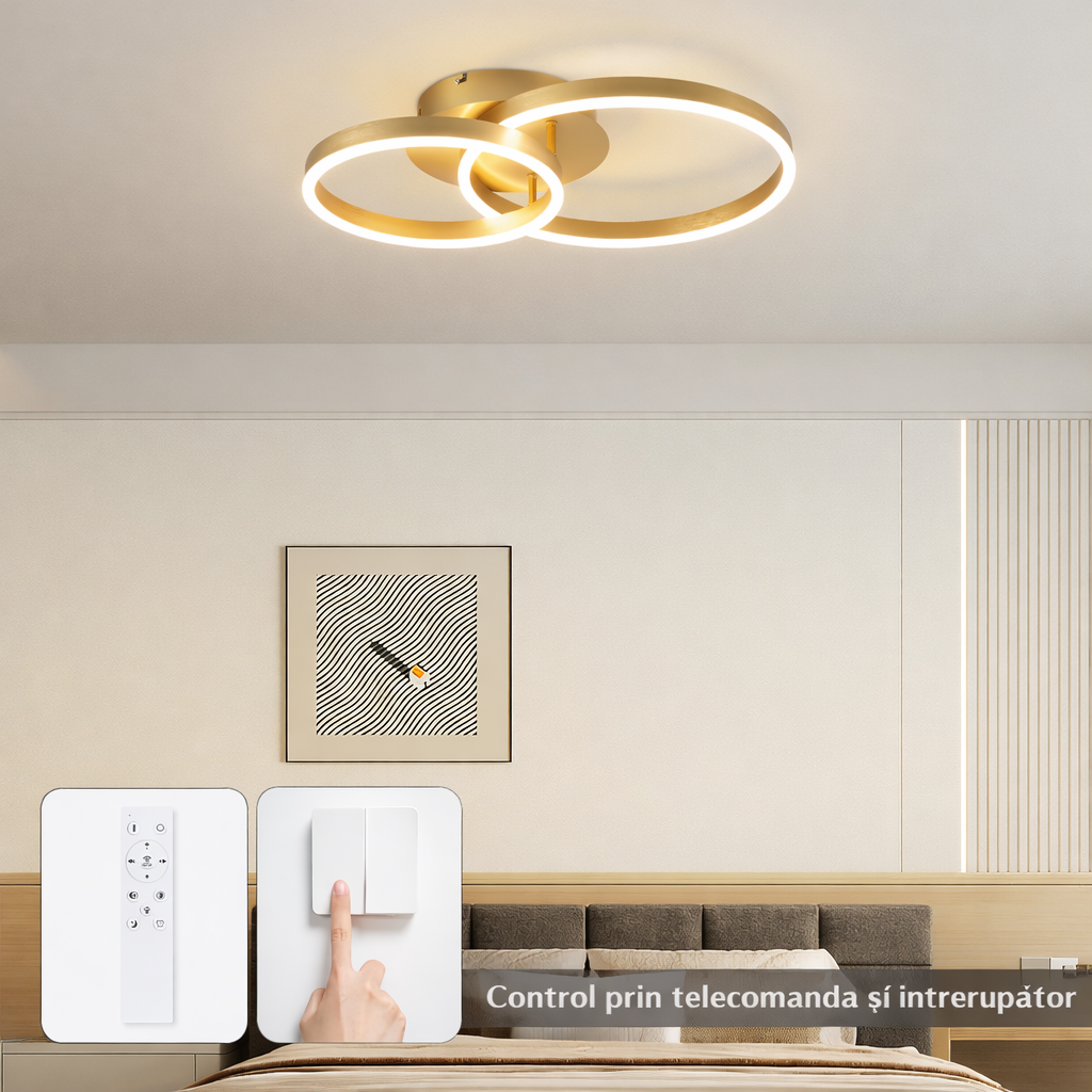 Lustra LED Beauty Gold Double Circle Echivalent 300W Telecomanda
