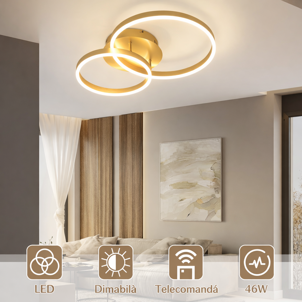 Lustra LED Beauty Gold Double Circle Echivalent 300W Telecomanda