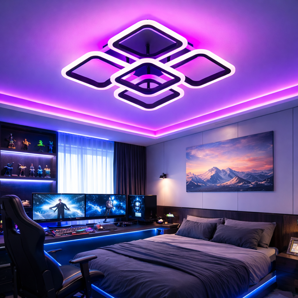 Lustra LED SQUARE Black 4+1 RGB Echivalent 400W Telecomanda