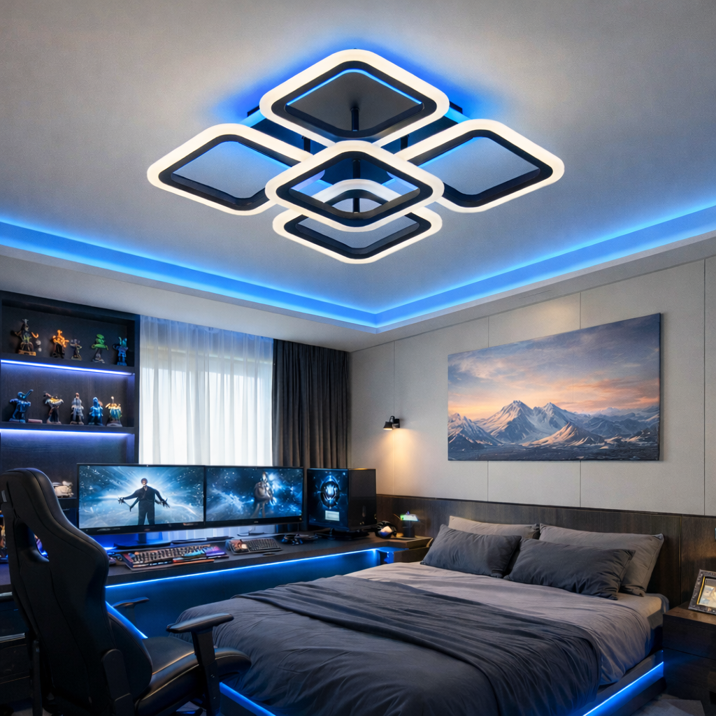 Lustra LED SQUARE Black 4+1 RGB Echivalent 400W Telecomanda