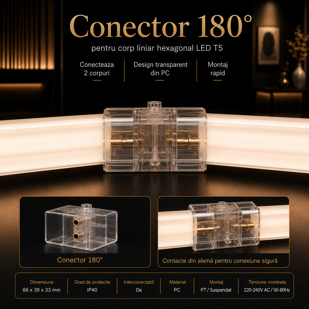 Conector 180 Grade pentru Corp Liniar Hexagonal LED T5