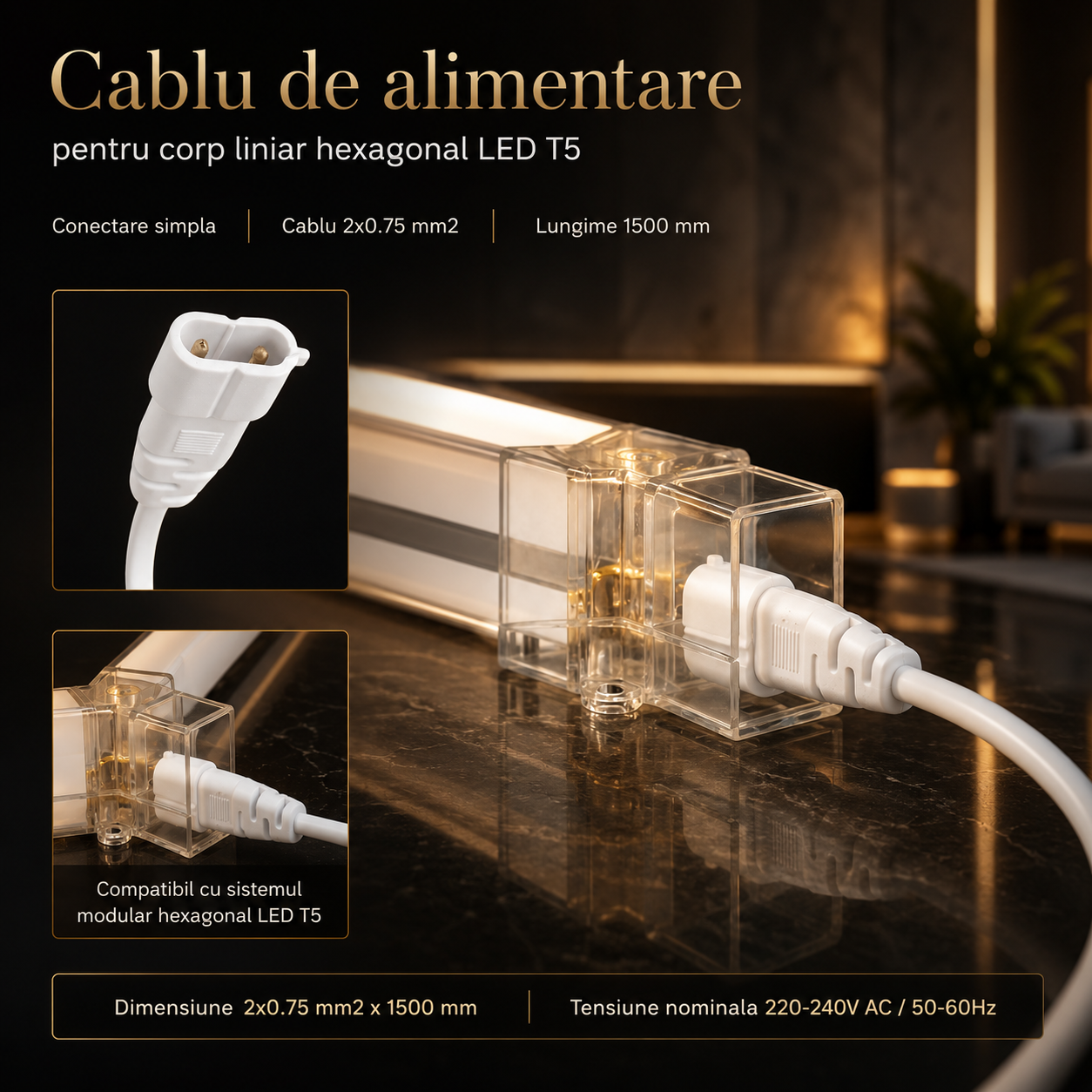 Cablu Alimentare 1.5m pentru Corp Liniar Hexagonal LED T5