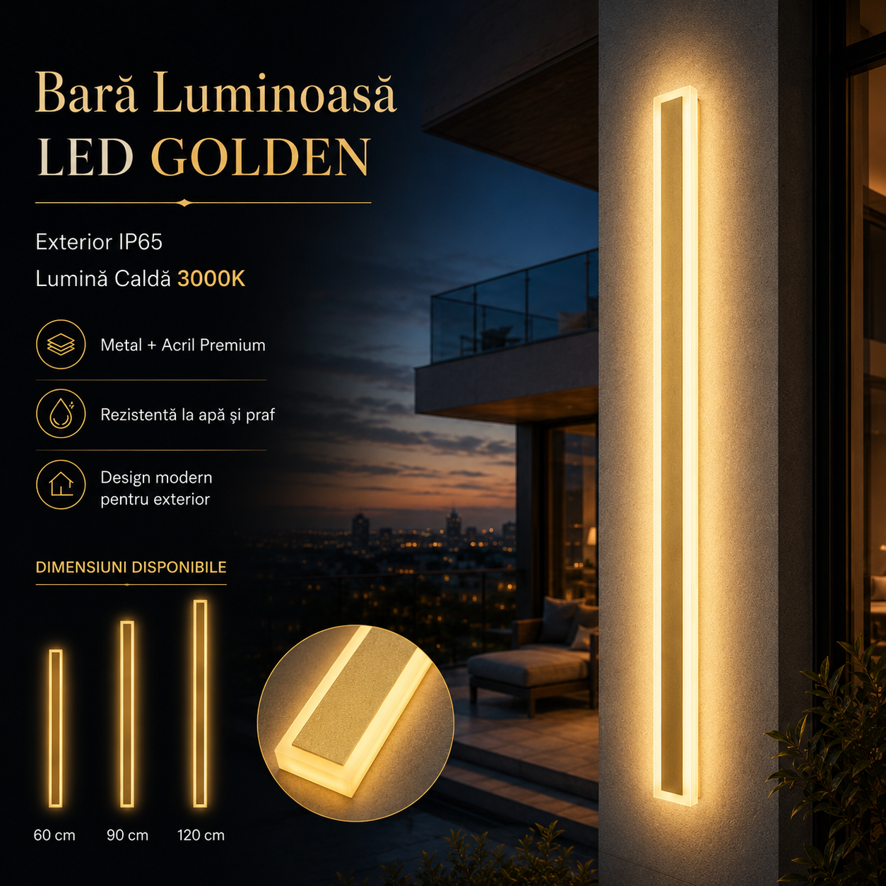 Bara Luminoasa LED GOLDEN Exterior IP65 220V 3000K