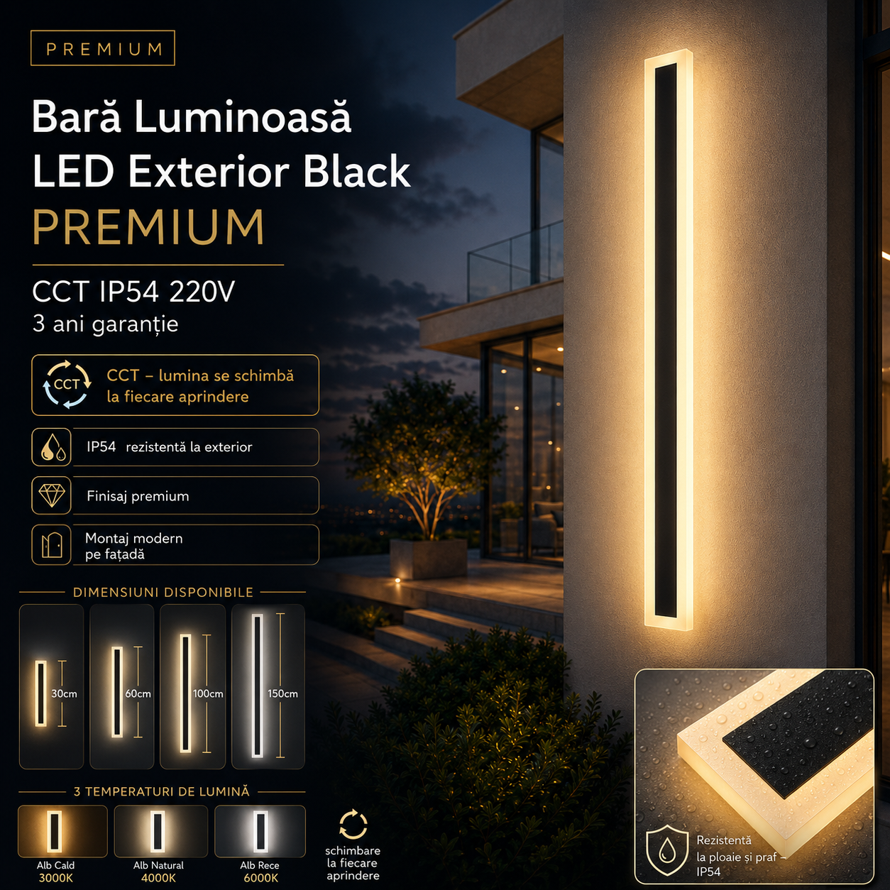 Bara Luminoasa LED Exterior Black PREMIUM CCT IP54 220V