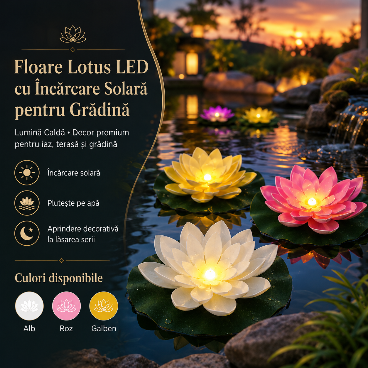 Floare Lotus LED cu Incarcare Solara Pentru Gradina