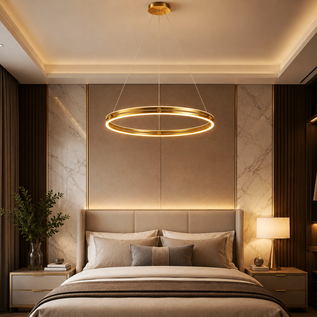 Lustra LED Mini Ring Gold Suspendata Echivalent 400W Telecomanda