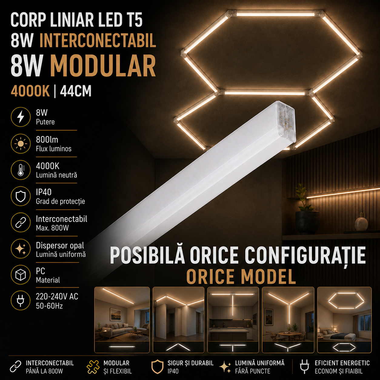 Corp LED Liniar T5 8W Modular Interconectabil 4000K IP20 44CM