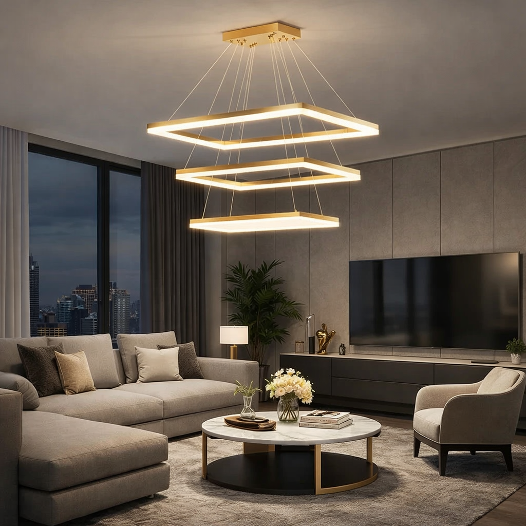 Lustra LED 3 Segmente Rectangle Gold Echivalent 800W Telecomanda