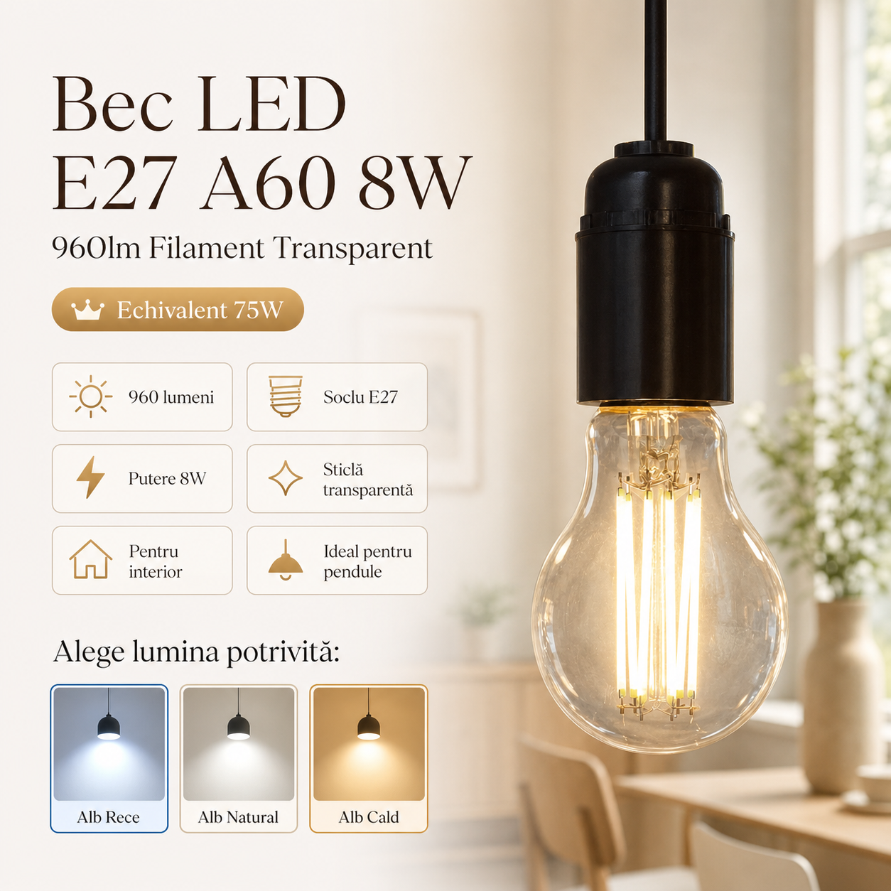 Bec LED E27 A60 8W, 960lm Filament Transparent