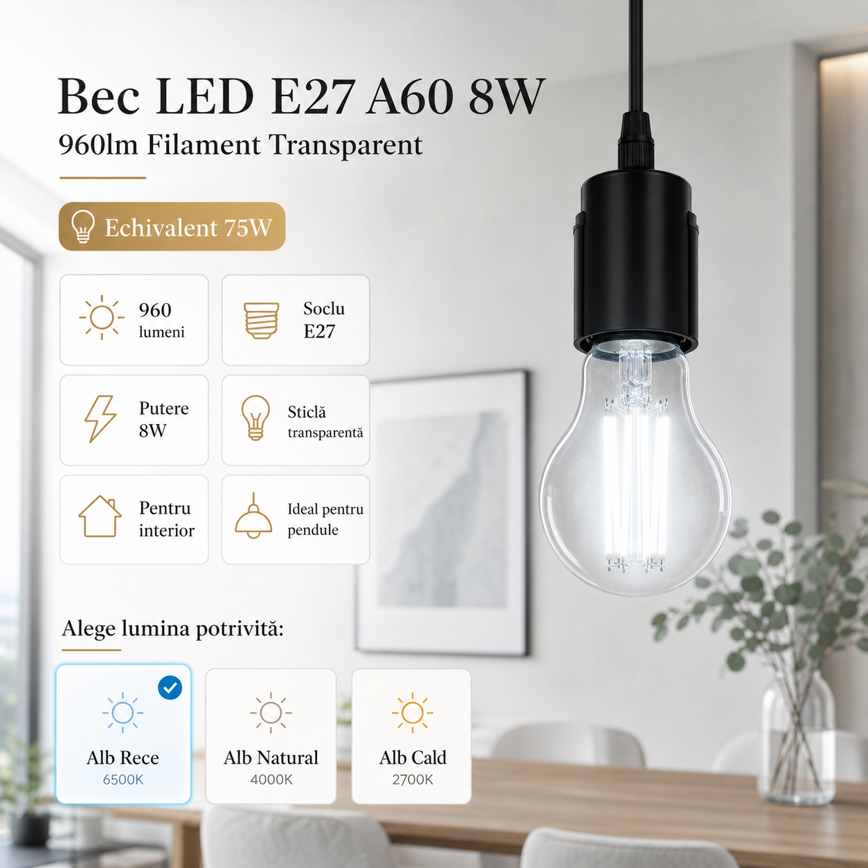 Bec LED E27 A60 8W, 960lm Filament Transparent