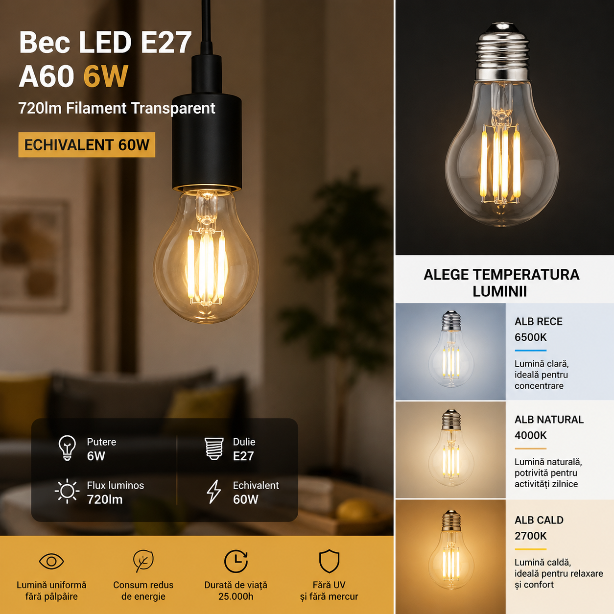 Bec LED E27 A60 6W, 720lm Filament Transparent