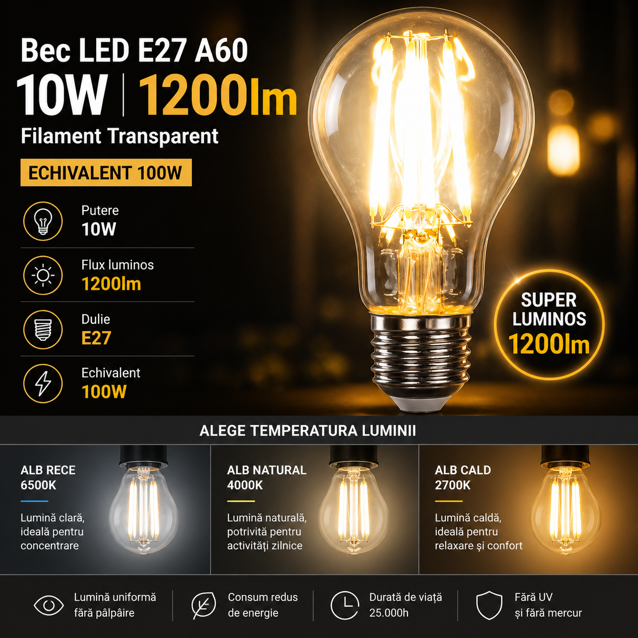 Bec LED E27 A60 10W, 1200lm Filament Transparent