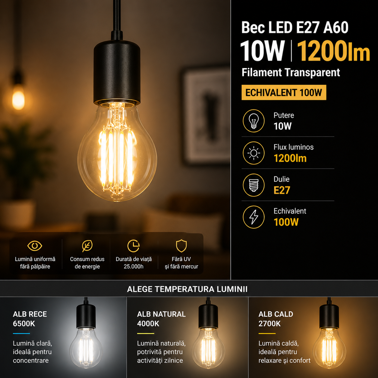 Bec LED E27 A60 10W, 1200lm Filament Transparent