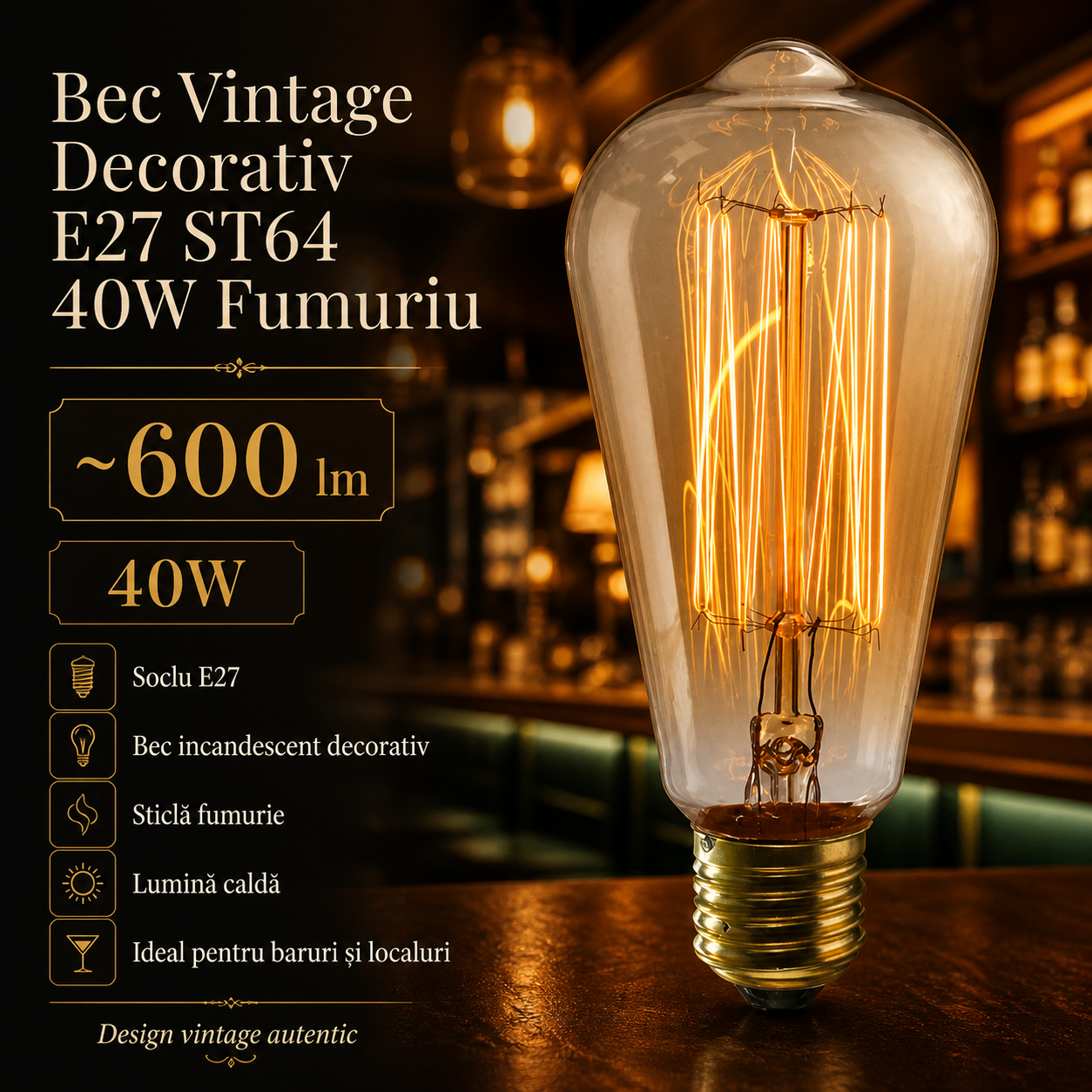 Bec Vintage Decorativ E27 ST64 40W Fumuriu