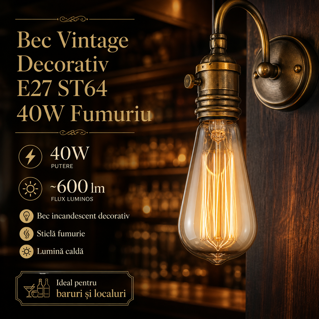 Bec Vintage Decorativ E27 ST64 40W Fumuriu