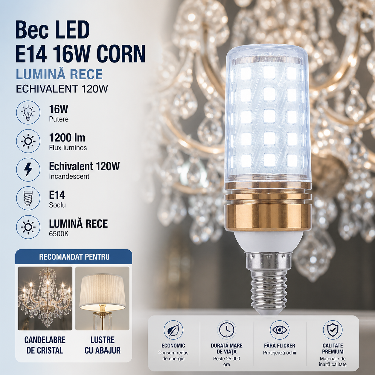 Bec LED E14 16W Corn / Lumina rece / Echivalent 120W