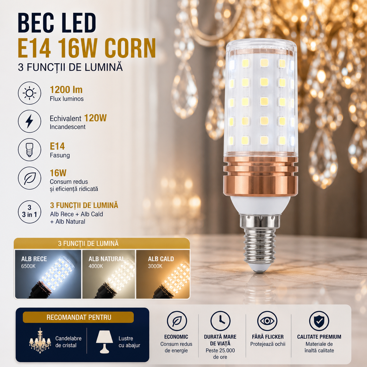 Bec LED E14 16W Corn / 3 functii lumina / Echivalent 120W