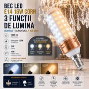 Bec LED E14 16W Corn / 3 functii lumina / Echivalent 120W