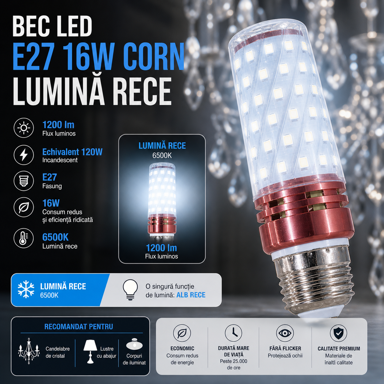 Bec LED E27 16W Corn / Lumina rece / Echivalent 120W