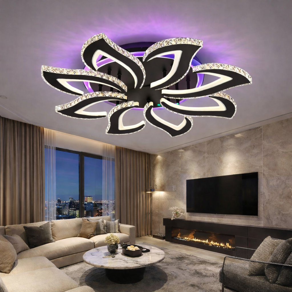 Lustra LED Camelia Grande Cristal RGB Black Echivalent 800W Telecomanda