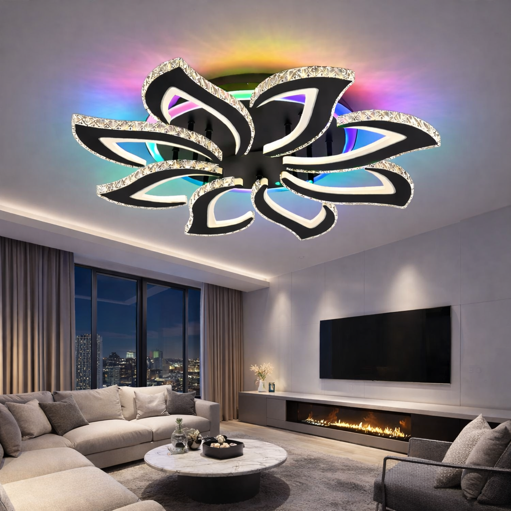 Lustra LED Camelia Grande Cristal RGB Black Echivalent 800W Telecomanda