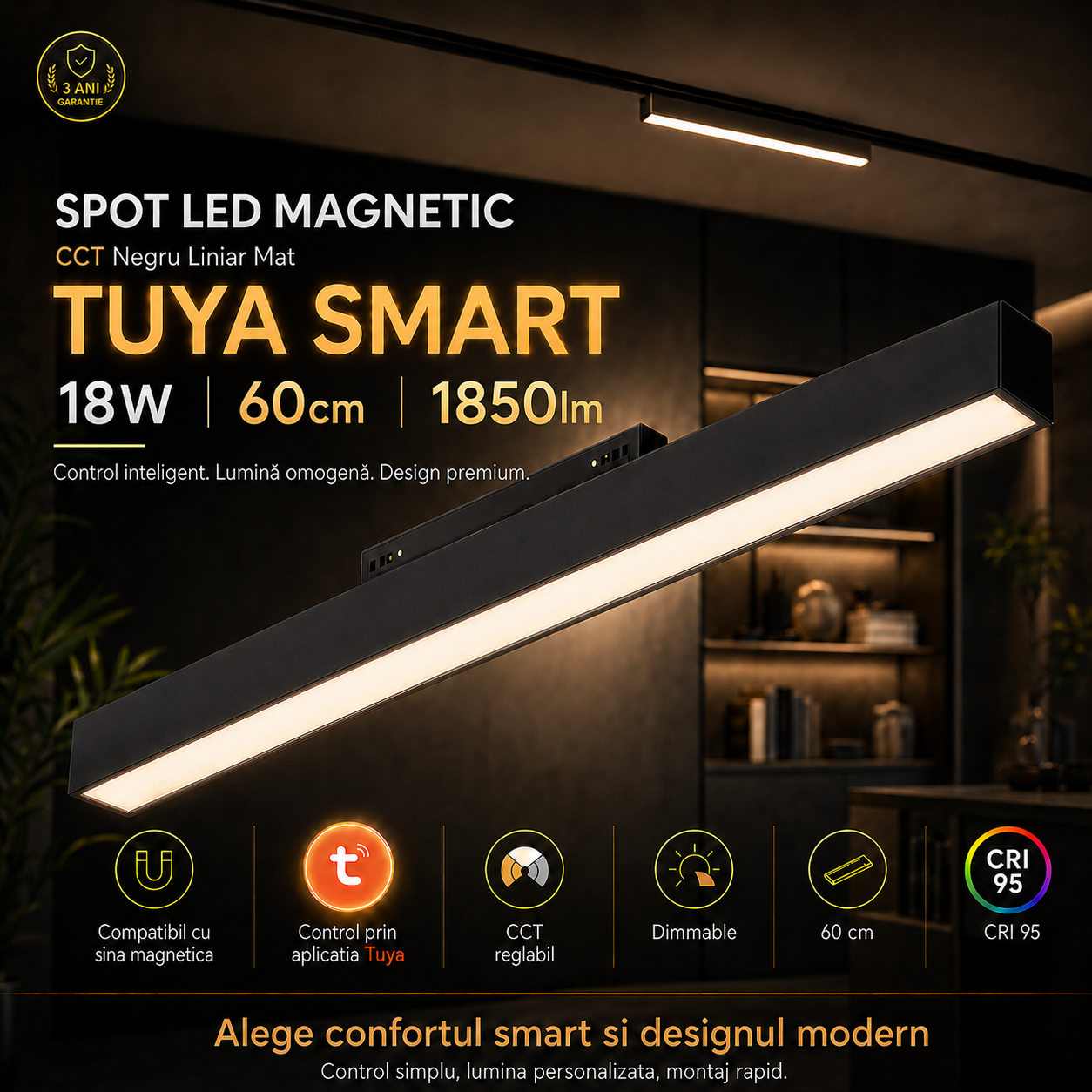 Spot LED Magnetic CCT Negru Liniar Mat TUYA SMART 10W 60cm 1850lm