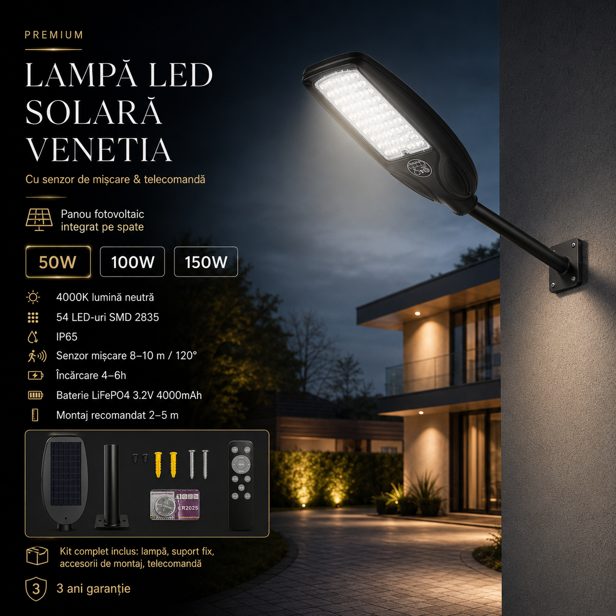 Lampa LED Solara Venetia cu Senzor Miscare IP65 Telecomanda