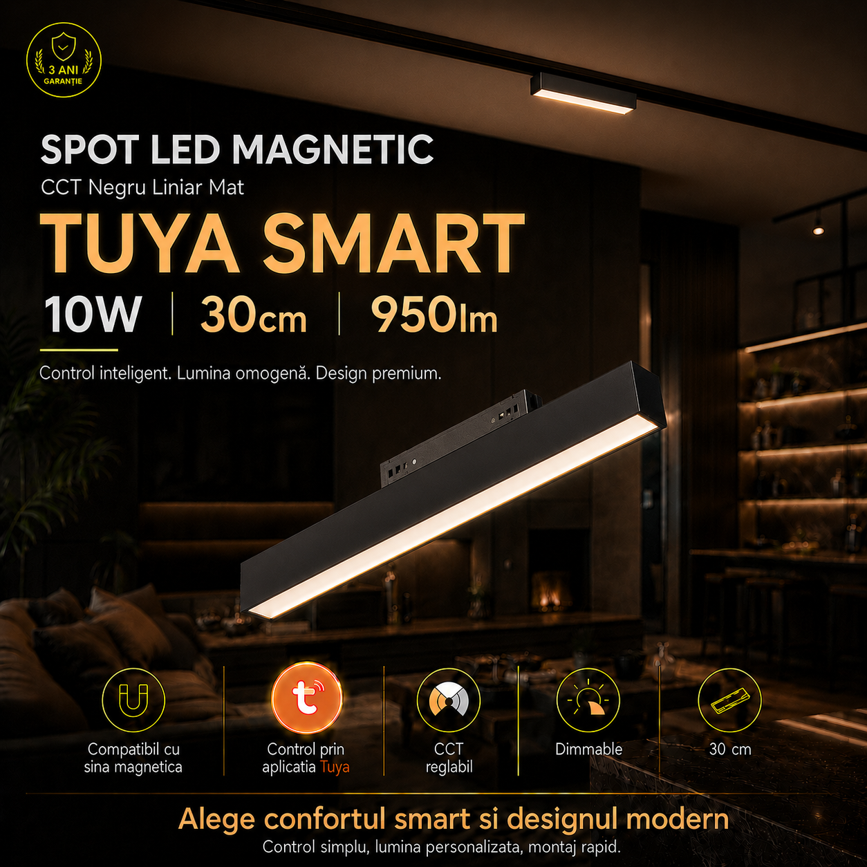 Spot LED Magnetic CCT Negru Liniar Mat TUYA SMART 10W 30cm 950lm