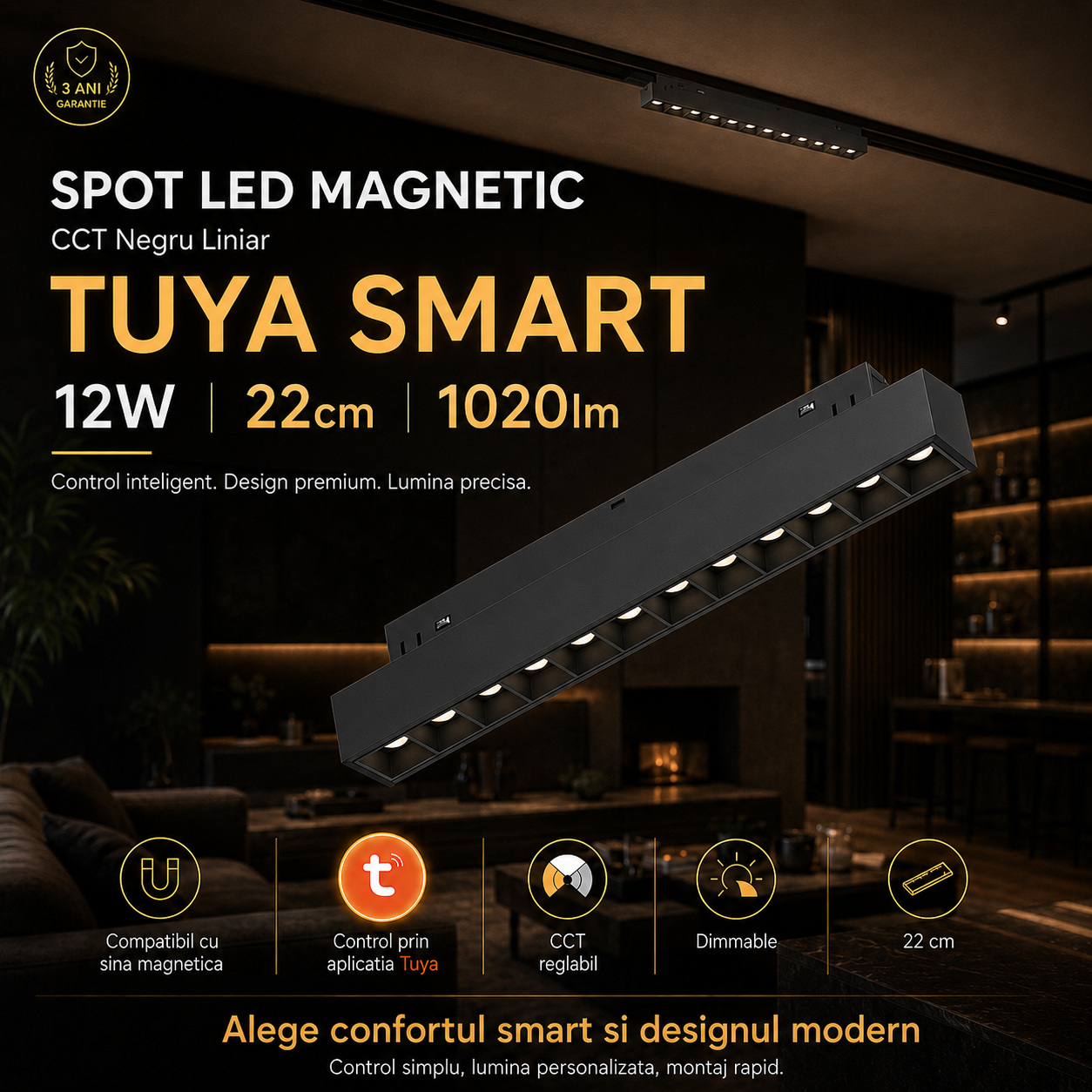 Spot LED Magnetic CCT Negru Liniar TUYA SMART 12W 22cm 1020lm