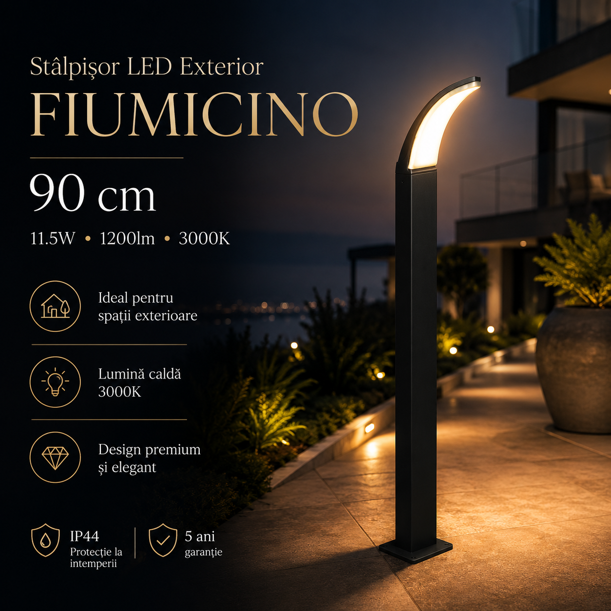 Stalpisor LED 90cm Black FIUMICINO Exterior 11.5W, 3000K, 1200lm, IP44, 98152