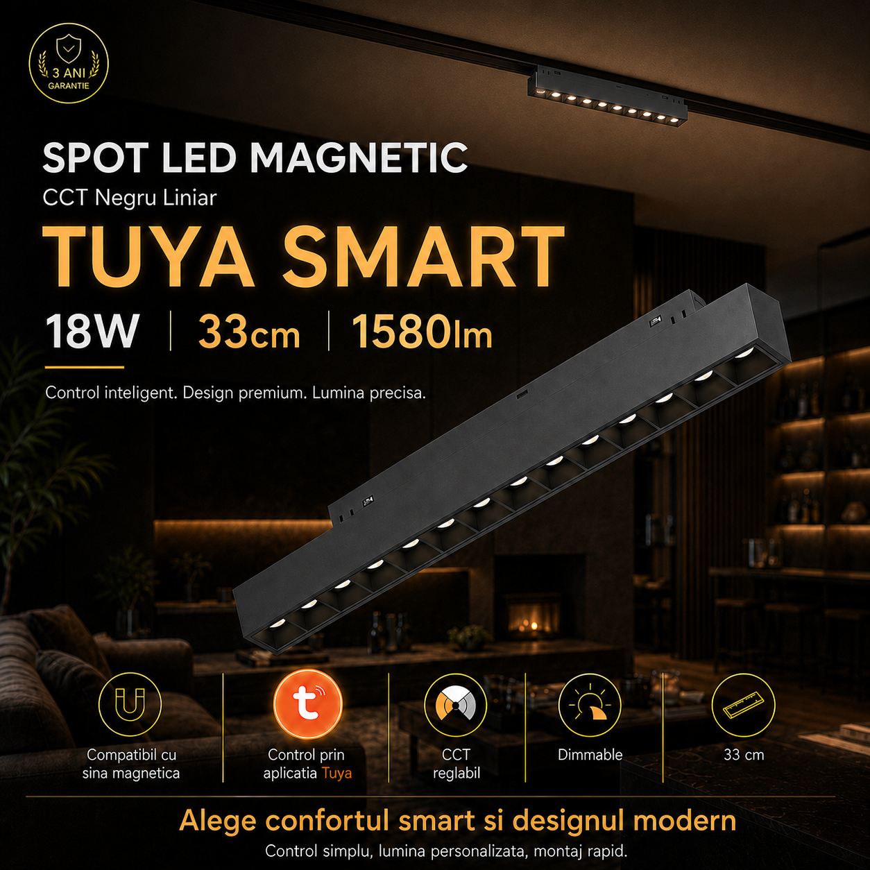 Spot LED Magnetic CCT Negru Liniar TUYA SMART 18W 33cm 1580lm