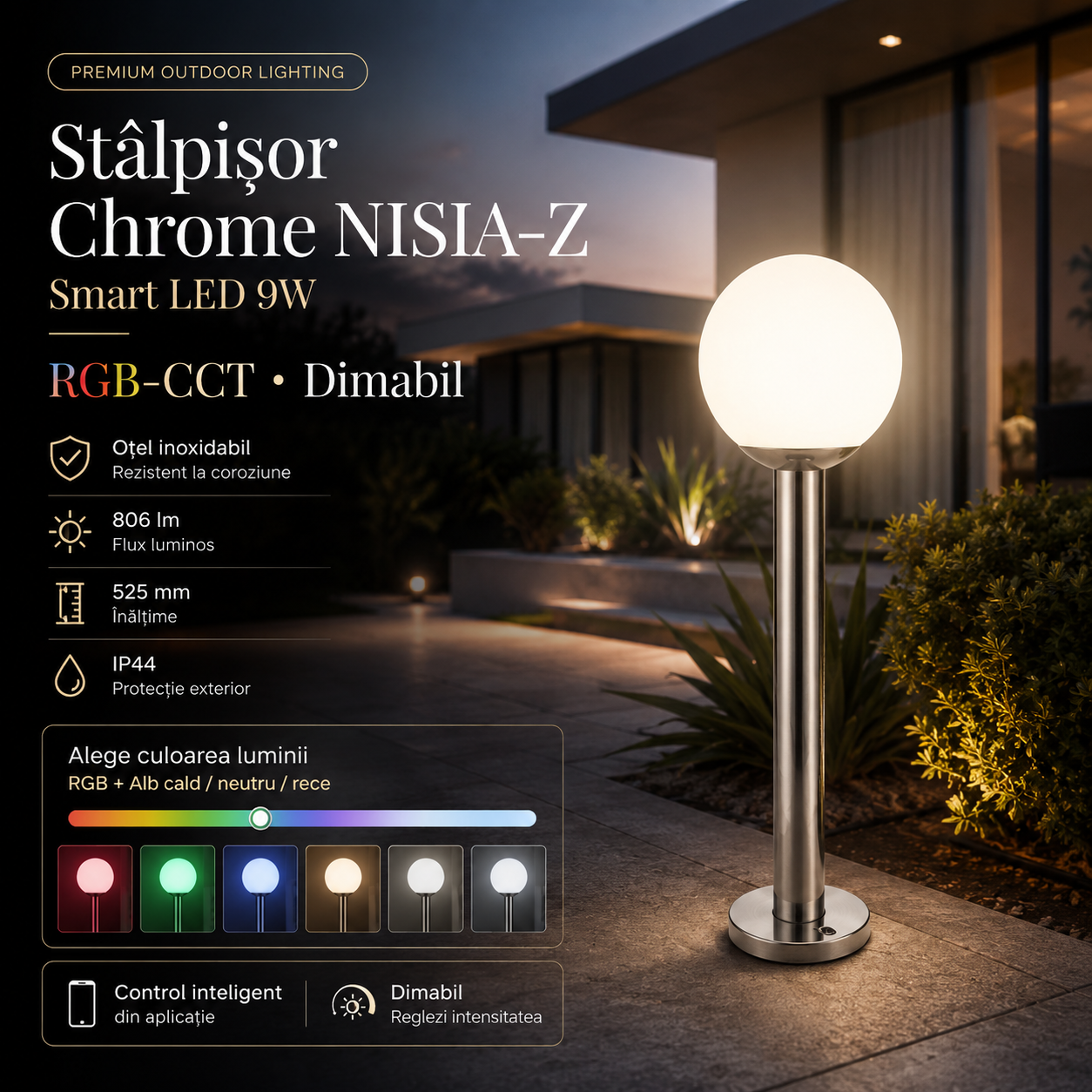 Stalpisor Chrome NISIA-Z Smart LED 9W, RGB-CCT, Dimabil, 525mm, IP44 900266
