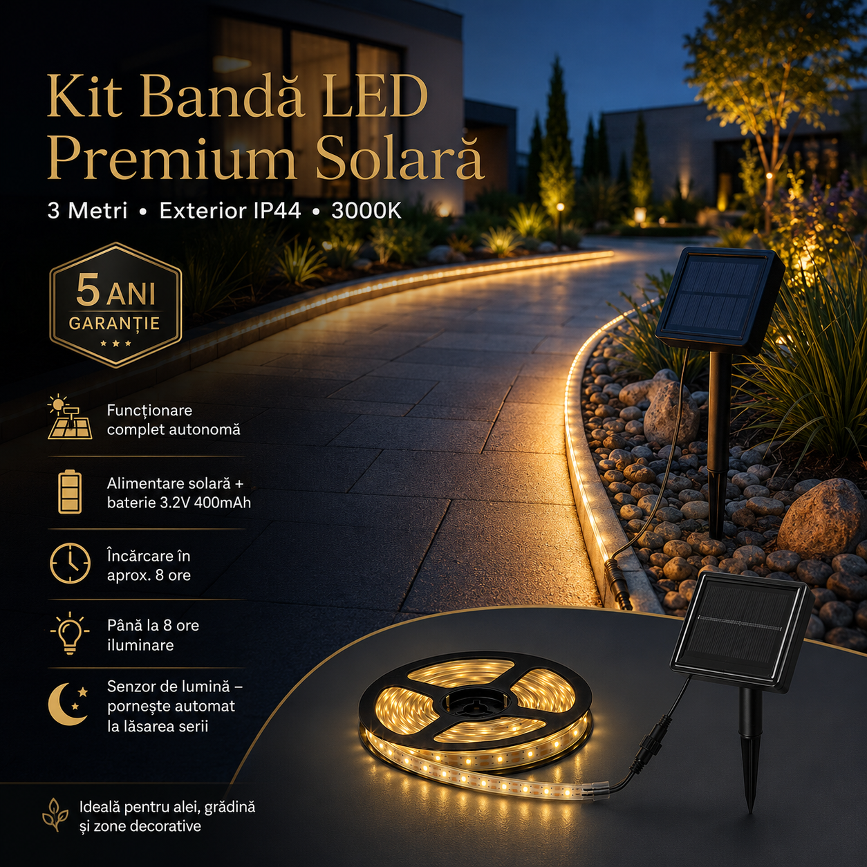Kit Banda LED Premium Solara 3 Metri, Exterior IP44, 3000K 5 Ani Garantie