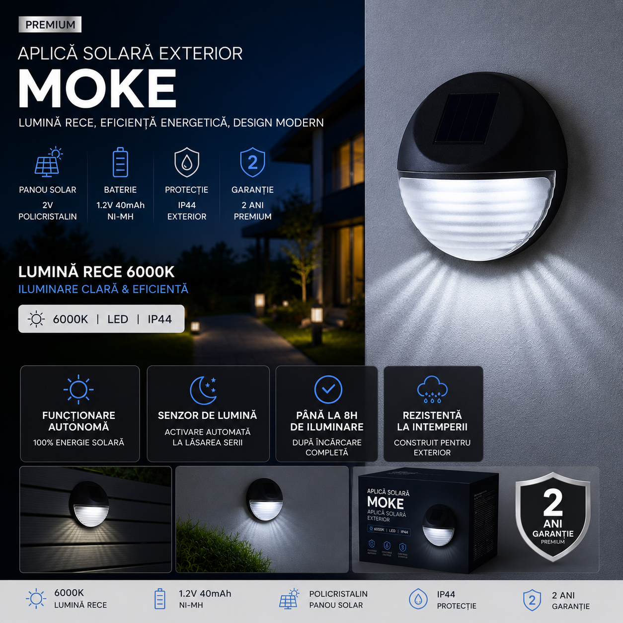 Aplica LED MOKE Premium Solara Exterior 6000K