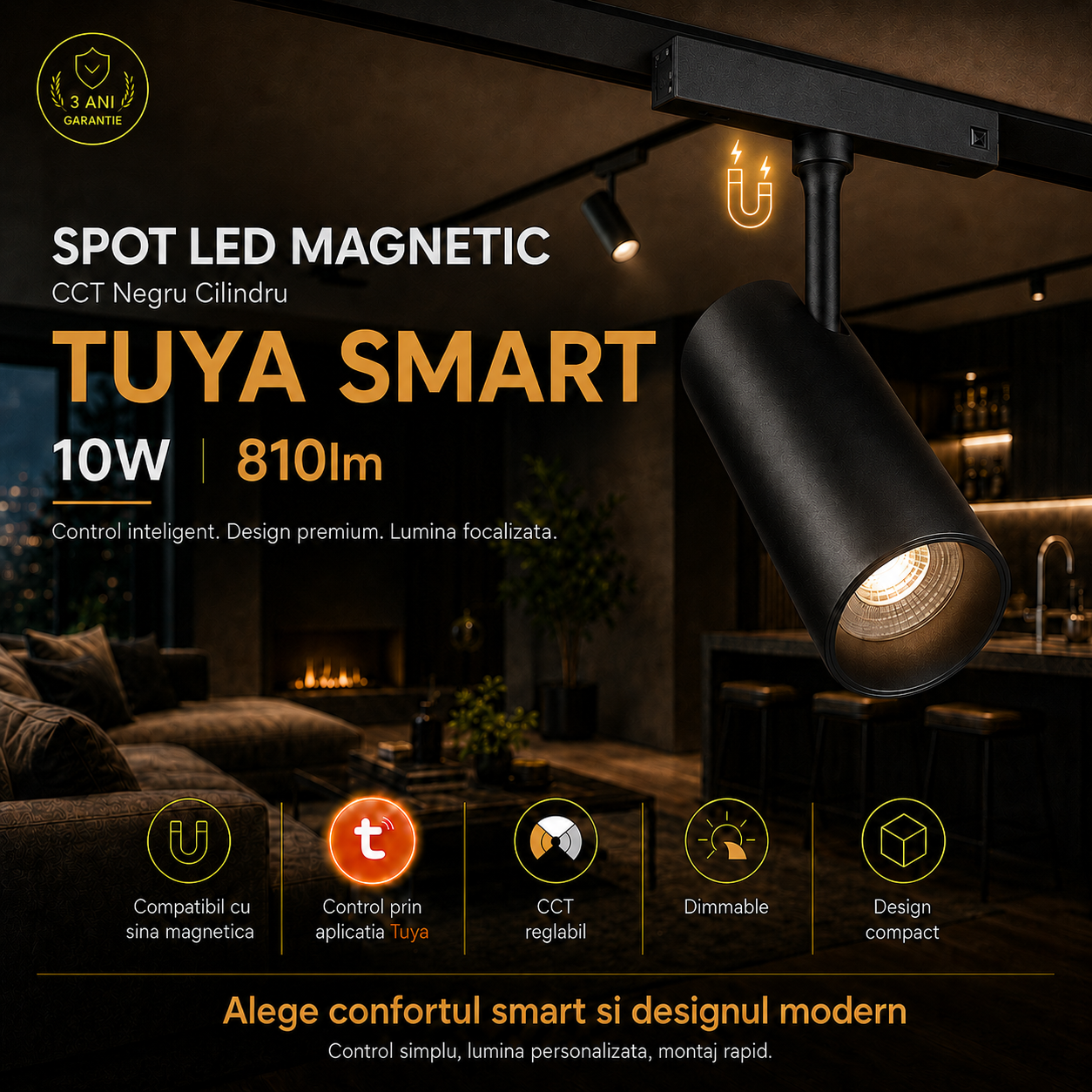 Spot LED Magnetic CCT Negru Cilindru TUYA SMART 10W 810lm