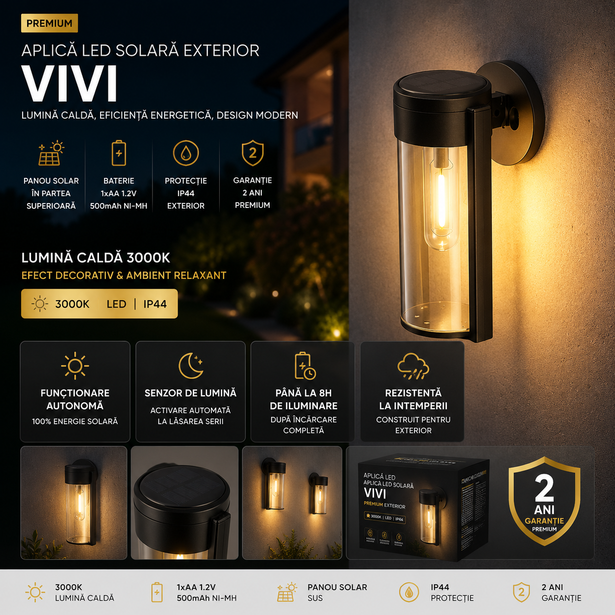 Aplica LED Vivi Premium Solara Exterior 3000K
