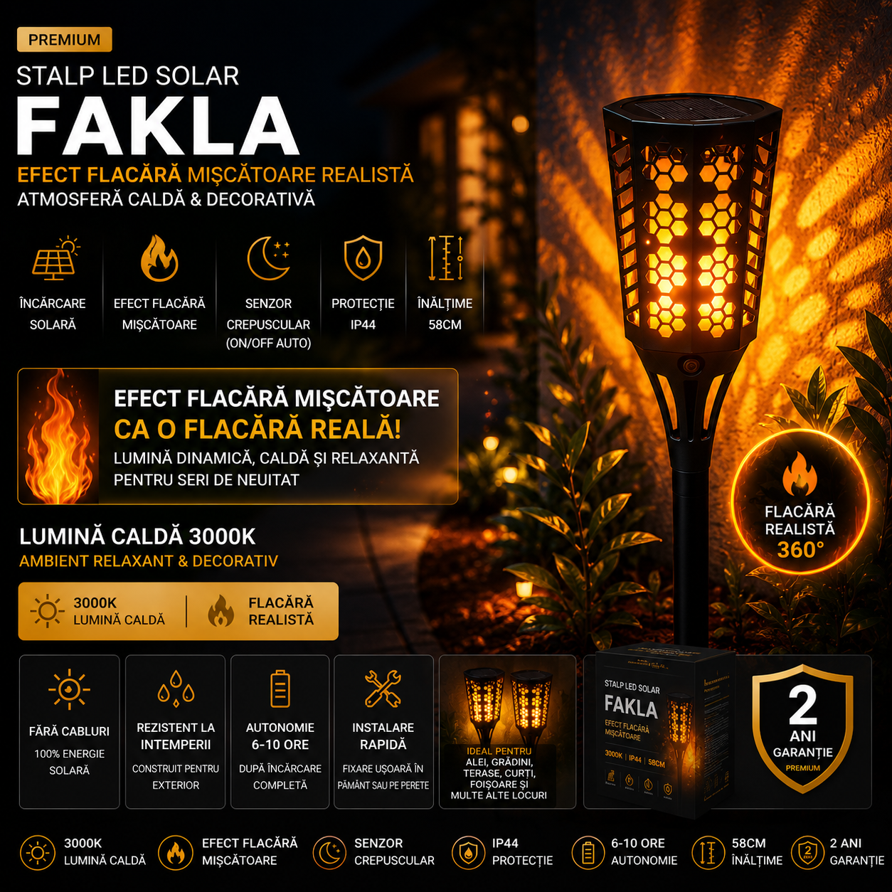 Stalp LED Gradina FAKLA Efect Flacara cu Incarcare Solara