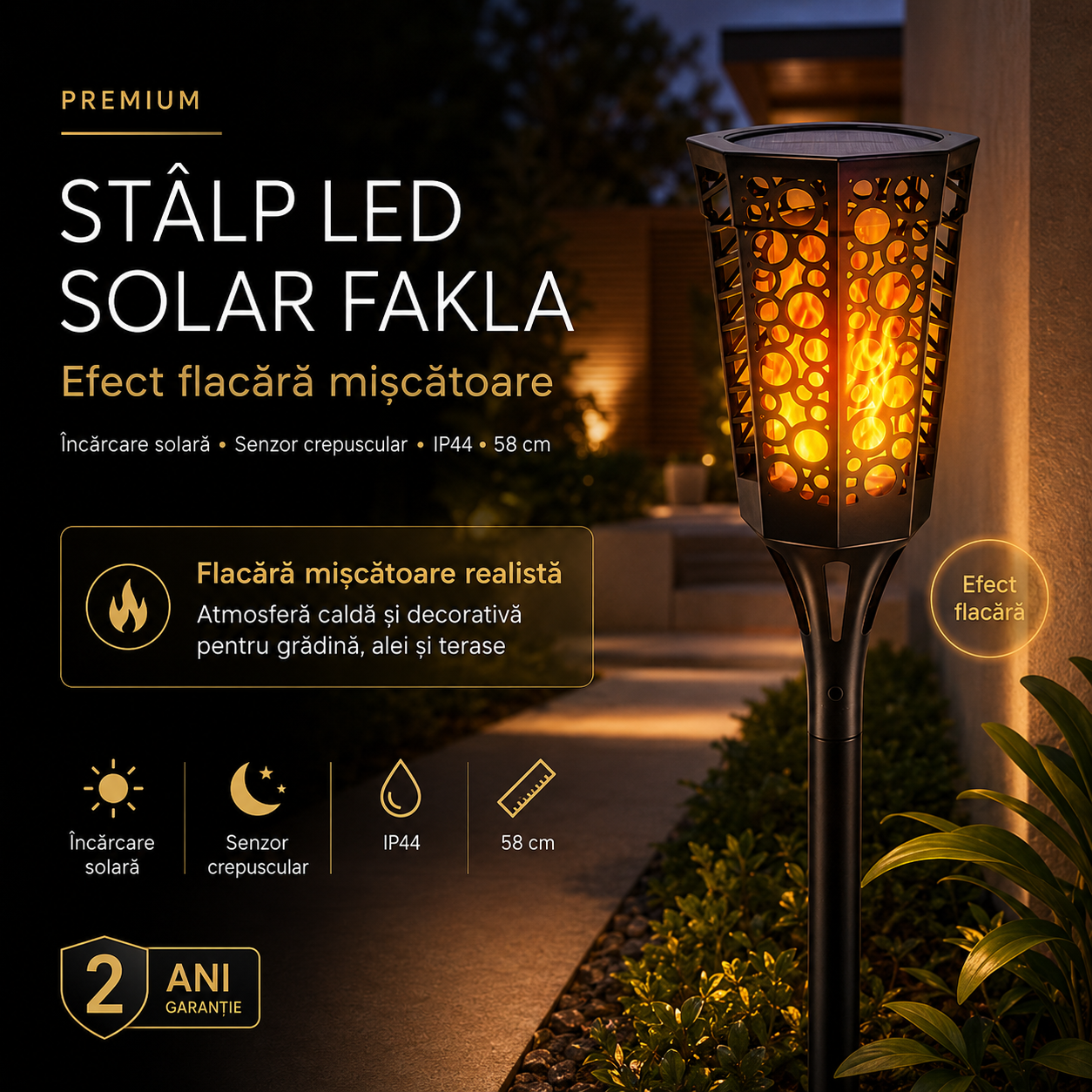Stalp LED Gradina FAKLA Efect Flacara cu Incarcare Solara