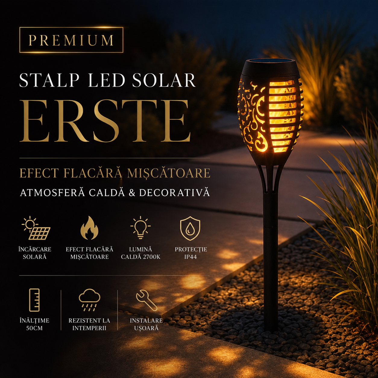 Stalp LED Gradina ERSTE Efect Flacara 50cm cu Incarcare Solara