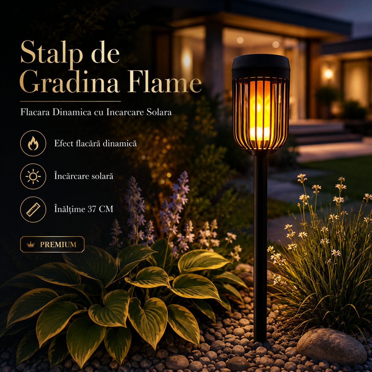 Stalp de Gradina Flame Flacara Dinamica cu Incarcare Solara 37CM Premium