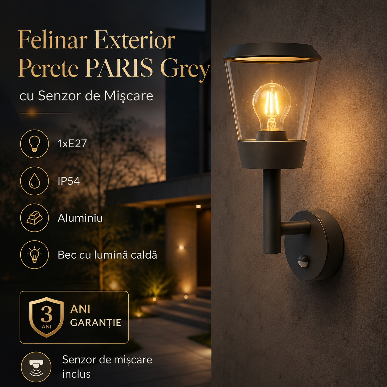 Felinar Exterior Perete PARIS Grey cu Senzor IP54, 1xE27