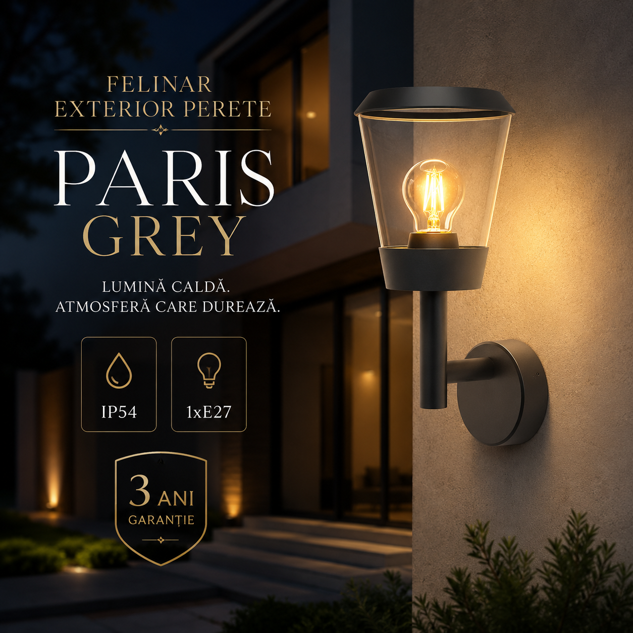 Felinar Exterior Perete PARIS Grey IP54, 1xE27