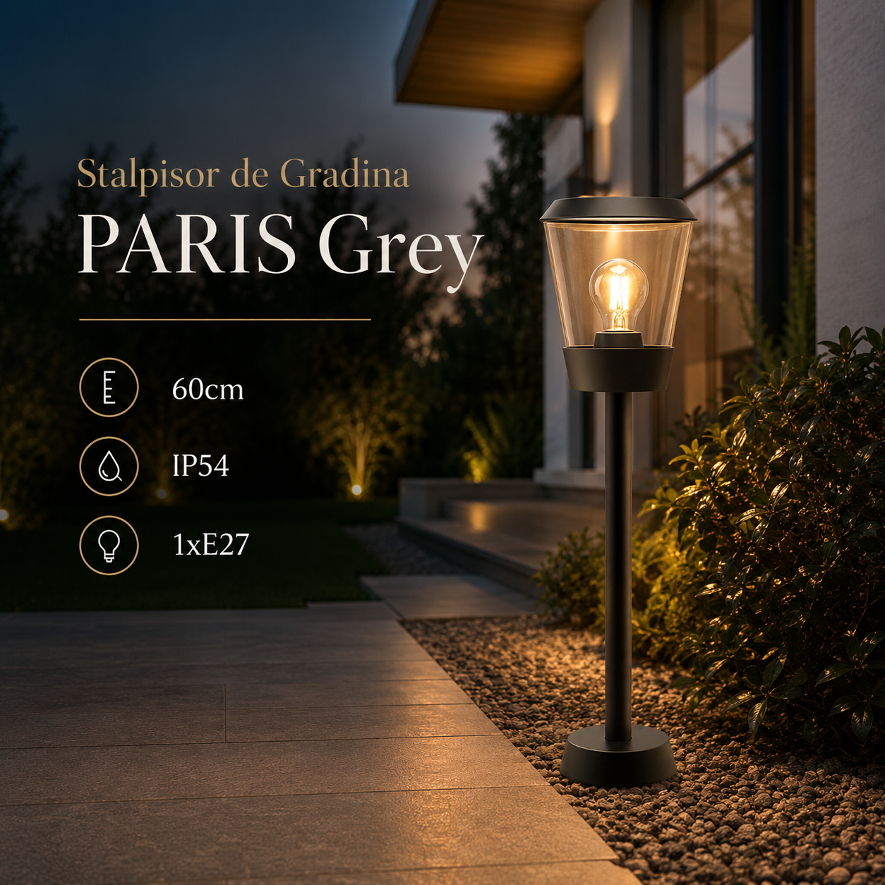 Stalpisor de Gradina PARIS Grey 60cm, IP54, 1xE27