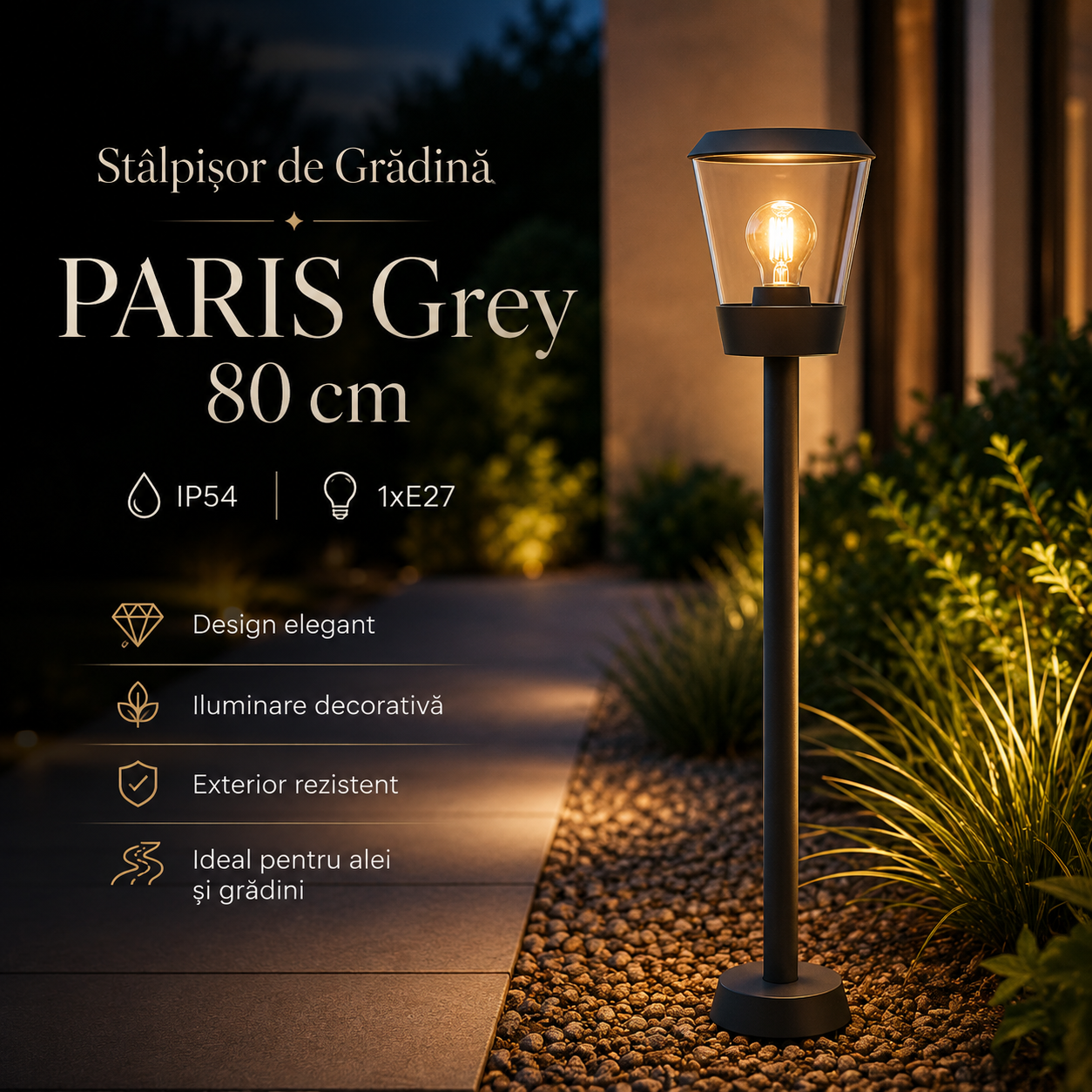 Stalpisor de Gradina PARIS Grey 80cm, IP54, 1xE27